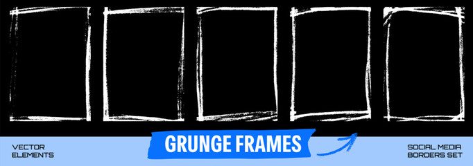 Fototapeta na wymiar Grunge border set with five vertical rectangles and chalk strokes. White grunge lines with rough smudges. Textured vector border set for advertising layout or social media post or old photo overlay.