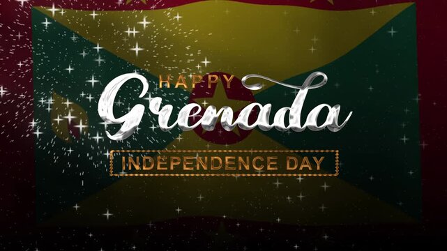 Happy grenada independence day text animation with waving flag and fireworks perfect for social media posts or digital campaigns.
