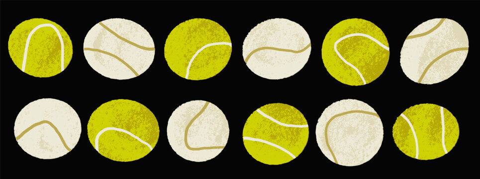 Padel ball and tennis icon set of grungy circles in green and cream on black. Noise and scribble cover tennis shape. Sporty vector ball icons for advertising event layout or social media collection.