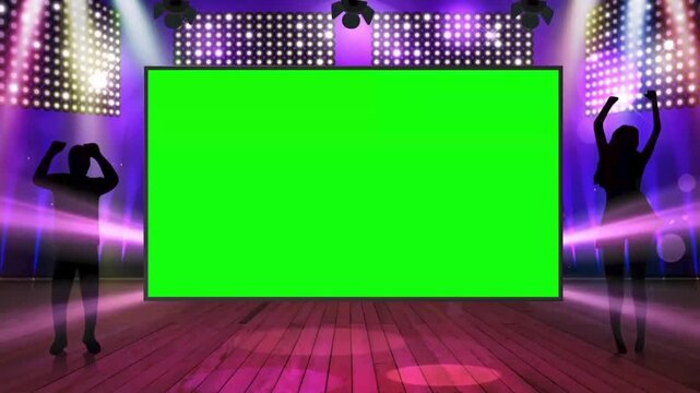 Stage concert background with green screen frame and dancing silhouettes, keyable music venue animation