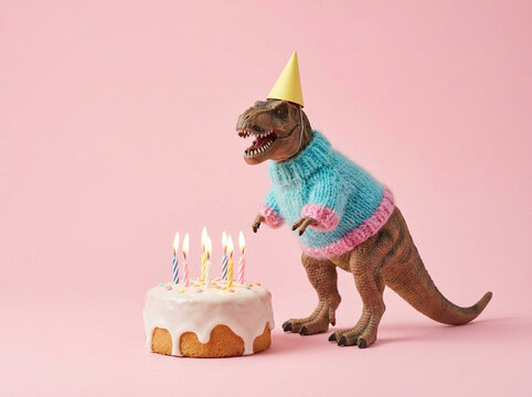 Toy dinosaur in sweater standing by cake