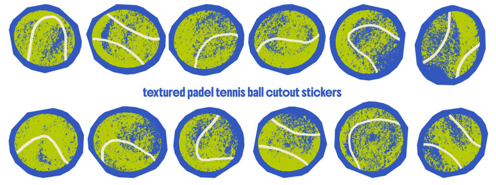 Ball and tennis cutout set of green circles with angular blue borders. Applique frames surround grungy padel tennis shapes. Textured vector ball stickers for scrapbook layout or sporty collage layout.