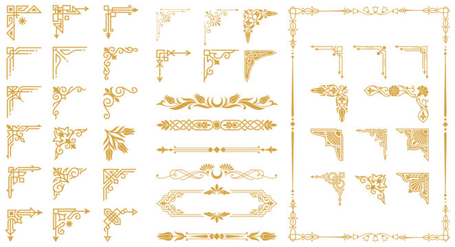 Vintage gold corner elements and decorative divider set for elegant certificate borders.