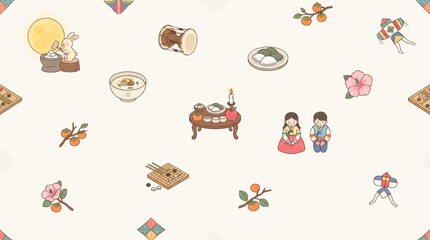 Fototapeta premium Minimalist Korean Traditional Holiday Chuseok and Seollal Seamless Pattern Background
