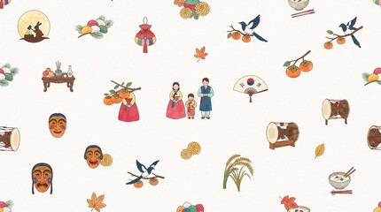 Obraz premium Minimalist Korean Traditional Holiday Chuseok and Seollal Seamless Pattern Background