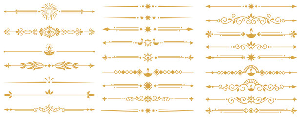 Diwali festival gold line dividers with traditional oil lamps and diya decorative accents. © Vintage Whimsy