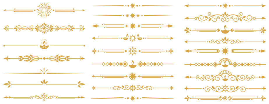 Diwali festival gold line dividers with traditional oil lamps and diya decorative accents.