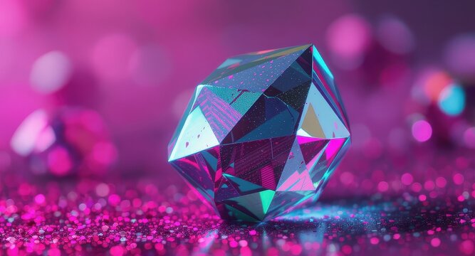 Gemme geometriche e soliti cristallini olografici in tonalit&agrave; viola, magenta e ciano