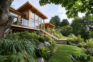 Obraz premium Modern wooden home blends with lush green surroundings. Stone steps lead to a grassy path lined with native plants. Large windows invite natural light into cozy living spaces. Trees frame the house