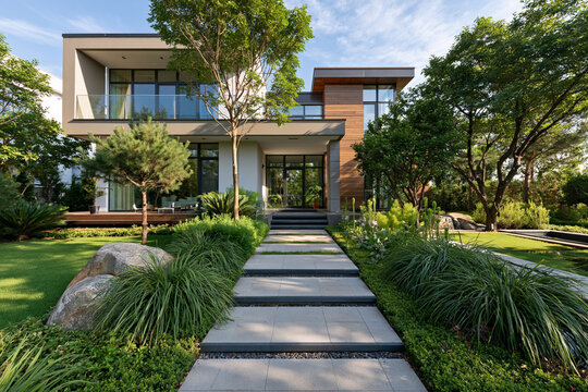 Modern home blends sleek design with lush greenery. Wide stone steps lead to glass doors framed by tall trees. Grass and shrubs frame the path with natural textures
