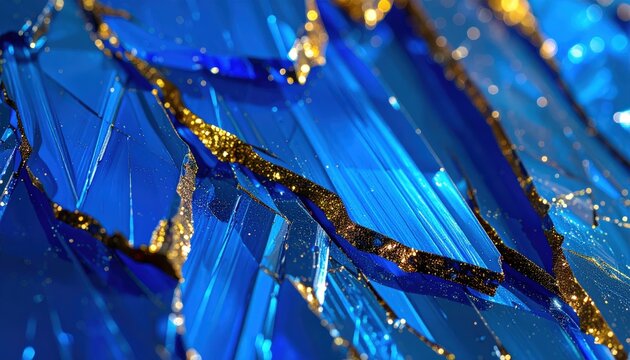 Dettaglio macro di cristalli di zaffiro blu sfaccettati con venature e polvere d'oro