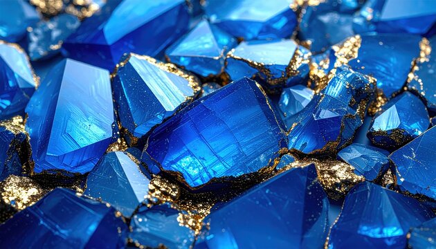 Sfondo geometrico astratto con cristalli sfaccettati blu e venature dorate