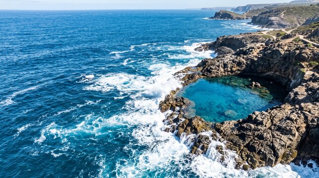 Aerial view of rocky coastline with turquoise tidal pool surrounded by crashing waves and cliffs under a clear blue sky in a coastal region