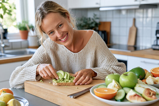 Smiling woman prepares healthy breakfast in bright kitchen. Her hands slice fresh vegetables with care and joy. Wooden board holds simple, vibrant meal prep