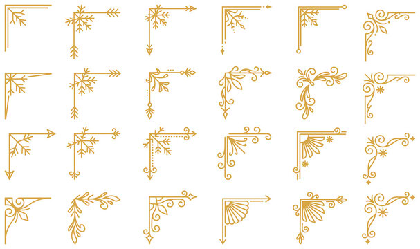 Minimalist geometric corner ornaments in gold line art for winter and holiday stationery.