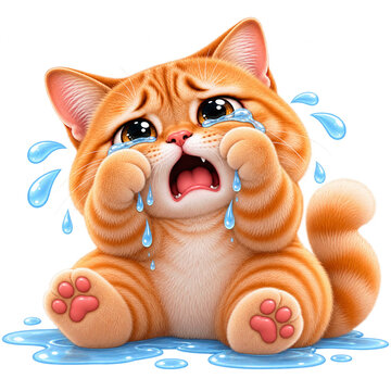 Sad Orange Cat Crying with Tears