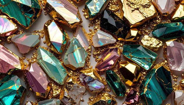 Cristalli piramidali metallici e bismuto sfaccettato con riflessi oro e iridiscenti