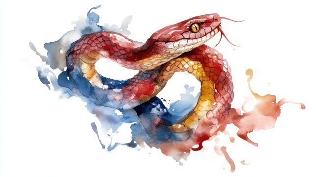Colorful watercolor painting of vibrant red and blue snake with abstract splatter. National Serpent Day