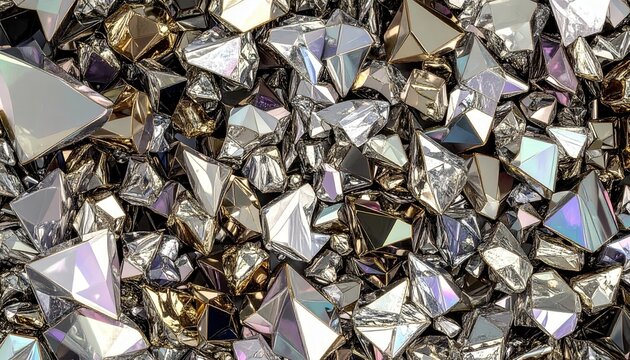 Cristalli piramidali metallici e bismuto sfaccettato con riflessi oro e iridiscenti