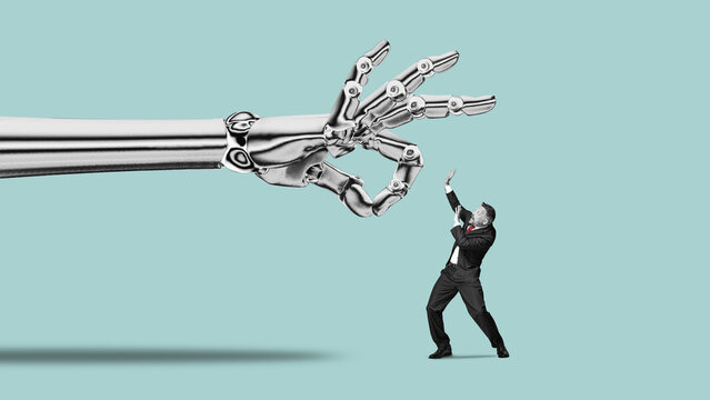 People fear AI robots. Artificial intelligence concept for businesses. A giant robot hand flicking away a tiny man.