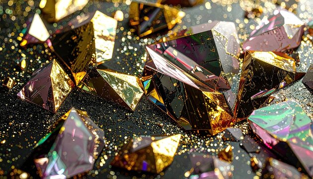 Cristalli piramidali metallici e bismuto sfaccettato con riflessi oro e iridiscenti