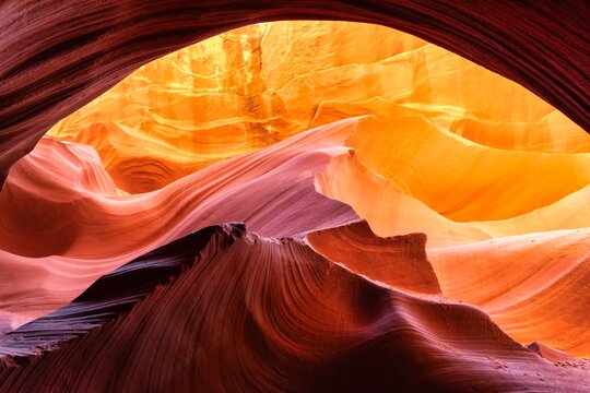 Antelope Canyon Sandstone Waves with Dramatic Light and Colorful Rock Formations. Travel concept.
