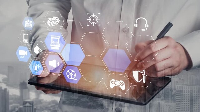 Gaming icons show online gaming, game streaming, and interactive play. Gaming supports esports, game community, and digital gaming experience. Funnel