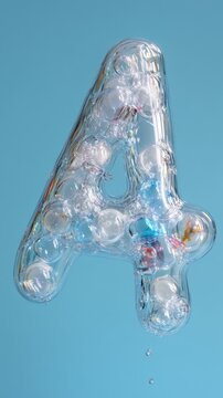 Transparent glass-like number four balloon on blue background