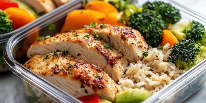 Grilled chicken meal prep with rice and vegetables in containers