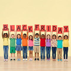 Obraz premium Joyful Diverse Children Announcing Black Friday Shopping Season
