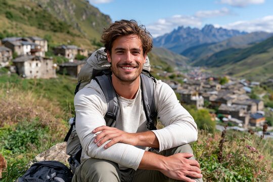 Young man smiles, backpack on, resting outdoors. Mountain village looms behind, green hills stretch wide. Sunlit scene, peaceful, adventurous, smiling traveler. Perfect for travel, outdoor