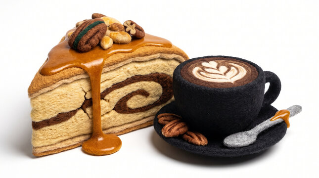 Maple pecan scone and coffee with caramel drizzle on a plate  