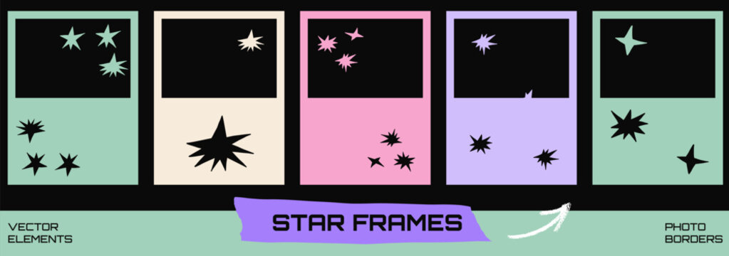 Whimsical star photo frame set with paper cutout borders. Mint pink lilac and cream panels with windows and spark shapes. Vector star frame set for scrapbook layout or social media and promo design.