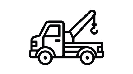 Fototapeta premium Tow truck vehicle icon illustrated with thick black lines on a white background showing a crane for emergency roadside assistance