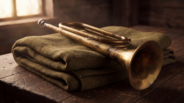 A vintage brass trumpet rests on a folded green cloth in a rustic room with natural light