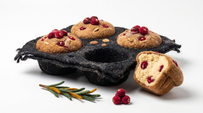 Muffin tin with cranberry muffins decorated with fresh berries  