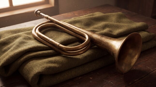 A brass trumpet rests on a green cloth in a dimly lit room with a window in the background.