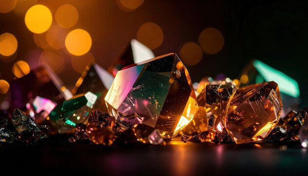 Cristalli prismatici e diamanti scuri sfaccettati su sfondo bokeh dorato