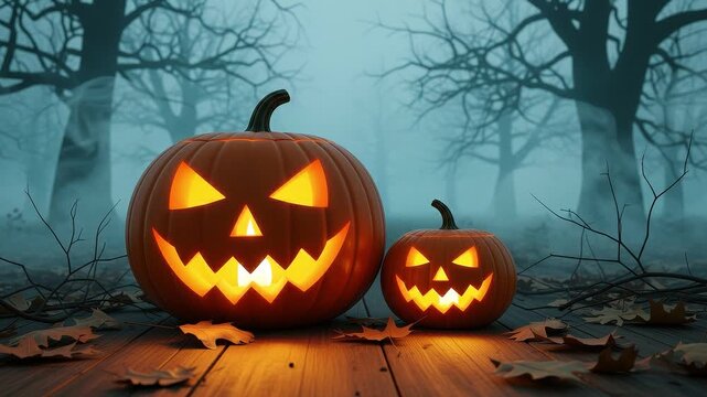 A seamless pattern two glowing jackolanterns in a misty forest at night