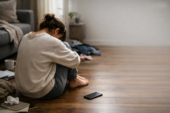 Authentic young woman sitting on floor in cozy living room back to camera looking down, emotional vulnerability candid moment