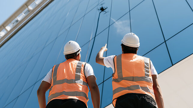 Two construction workers in safety vests and hard hats stand outside a modern glass skyscraper and look up at a drone hovering nearby