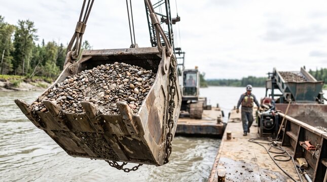 Dredging equipment lifting gravel from river during operation. Dredg bucket is filled with river gravel, showcasing the process of extracting materials.