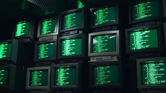Stacked CRT computer monitors show bright green terminal text across multiple screens in a dark room, forming a dense wall of glowing displays with subtle shifting viewpoint