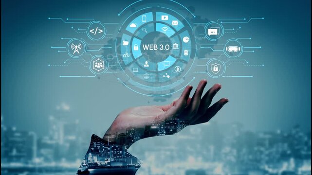 Futuristic Hand Holding Web 3.0 Concept with Digital Icons Representing Technology, Connectivity, and Innovation Over Urban Landscape at Night. Entropy.