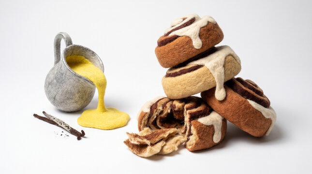 Cinnamon rolls with frosting and vanilla sauce on a white background  