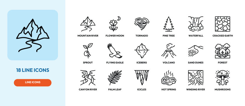Set of eighteen nature line icons featuring mountains river trees weather and organic land elements