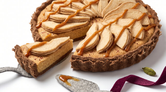 Spiced pear tart with caramel drizzle and slice removed  