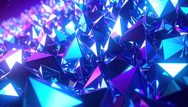 Sfondo 3D con triangoli cristallini e riflessi metallici blu e ciano