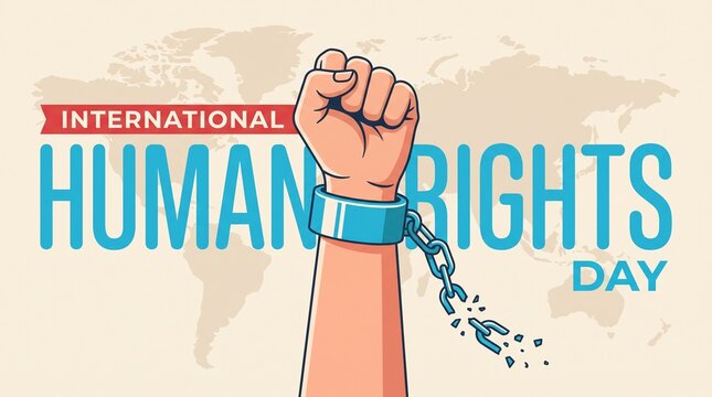 International human rights day illustration depicts raised fist breaking metal handcuffs over world map vector graphic for freedom and equality campaigns online.