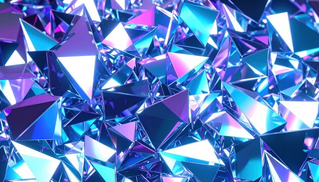 Sfondo 3D con triangoli cristallini e riflessi metallici blu e ciano